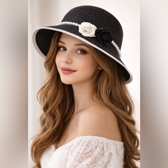 H&M Accessories - Chic Black Straw Hat with Pearl & Floral Detail | Timeless Elegant Statement